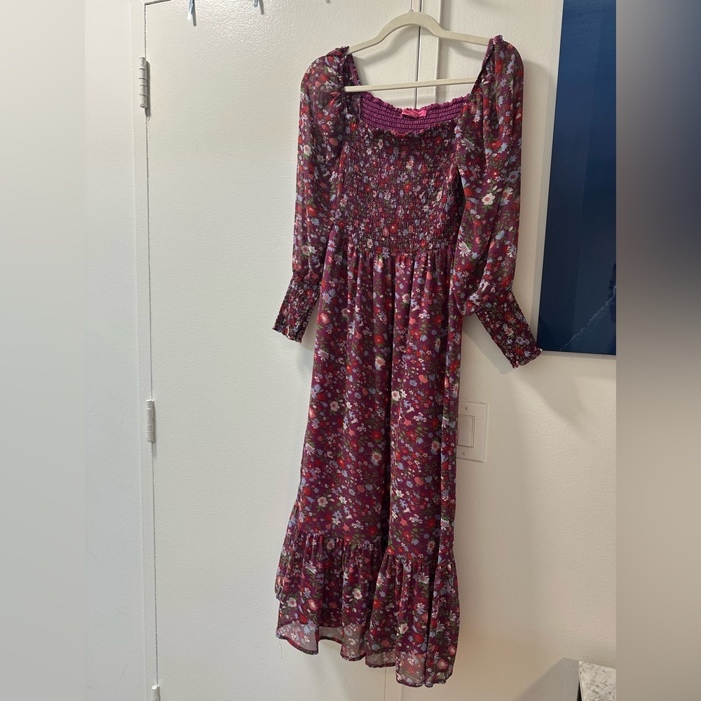 Betsey Johnson Purple Floral Smocked Long Sleeve dress